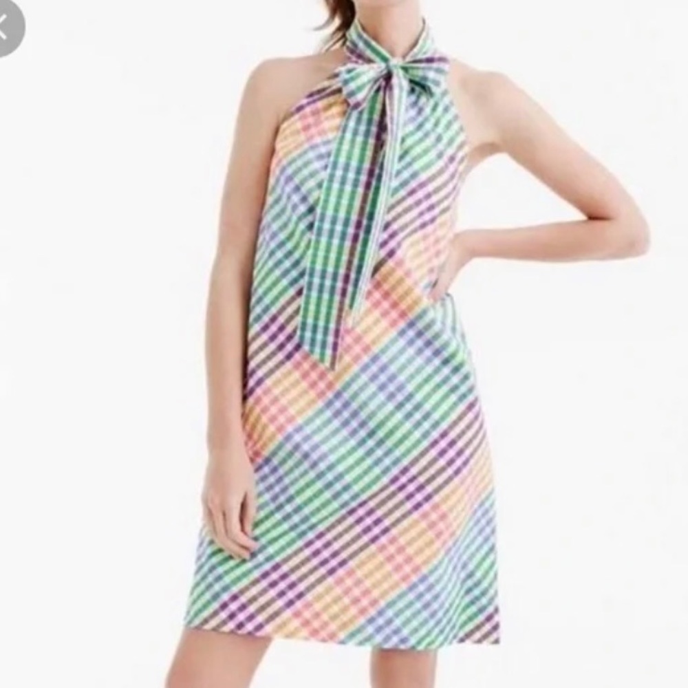 J Crew Rainbow Gingham Tie Neck Shift Dress